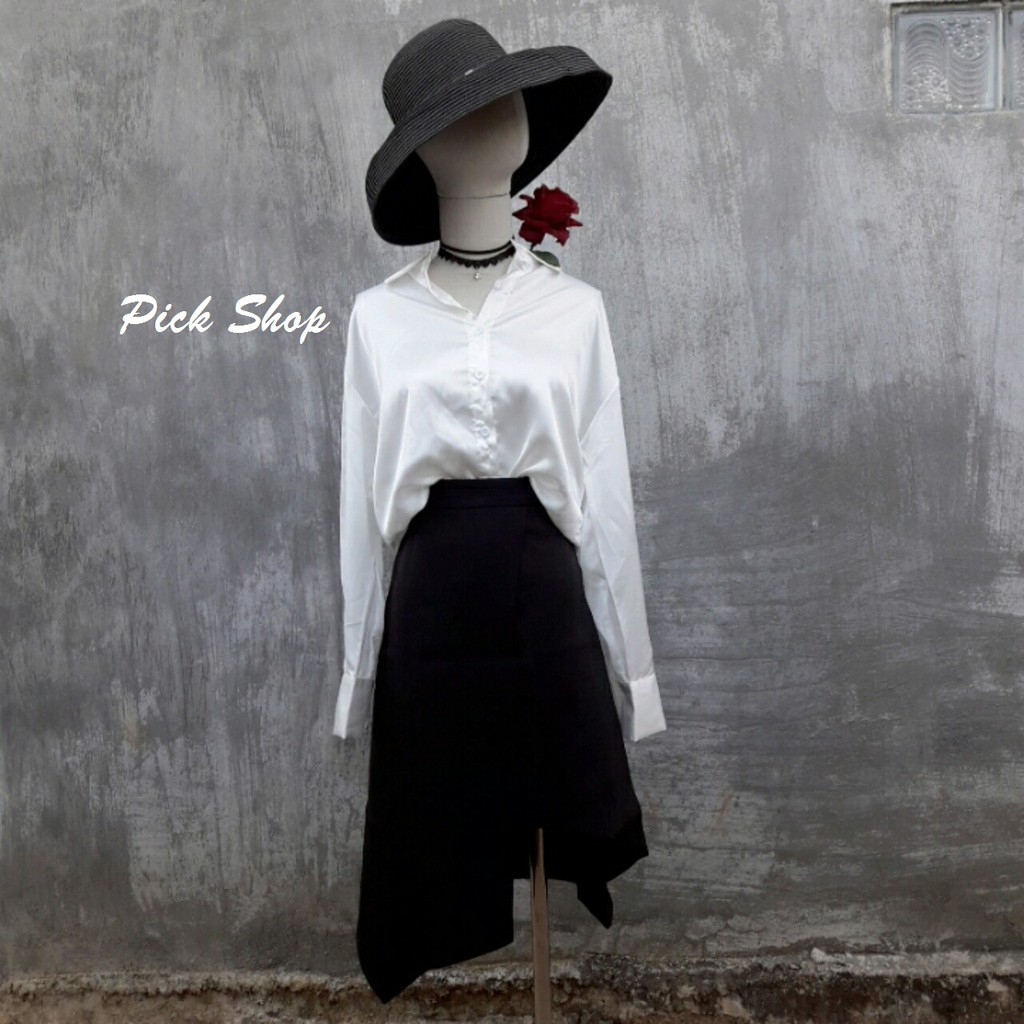Pick Shop - Ảnh thật - Chân váy chữ A dáng dài + áo sơ mi lụa trắng V044 - Thời trang công sở