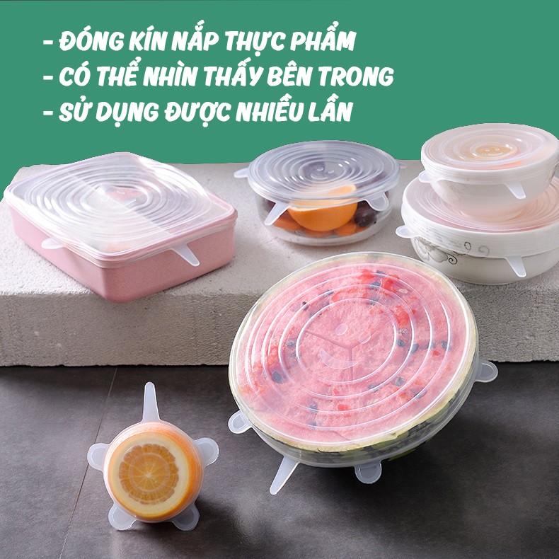 Bộ 6 nắp silicon đậy thực phẩm sử dụng nhiều lần, dùng để thay thế màng bọc thực phẩm