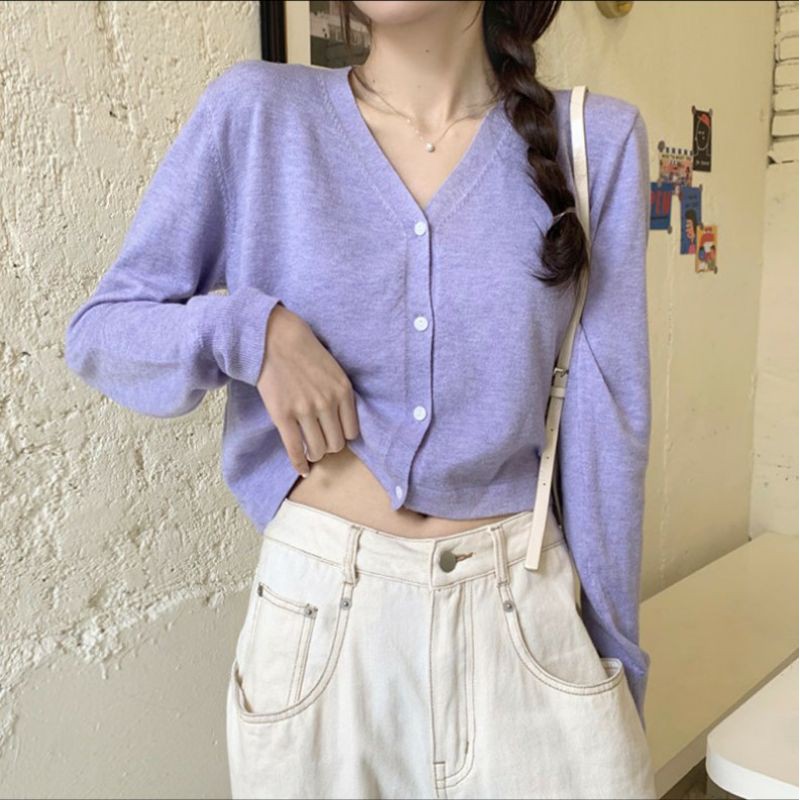 Áo thun nữ tay dài áo khoác len cardigan nữ cổ chữ V dễ thương xinh xắn