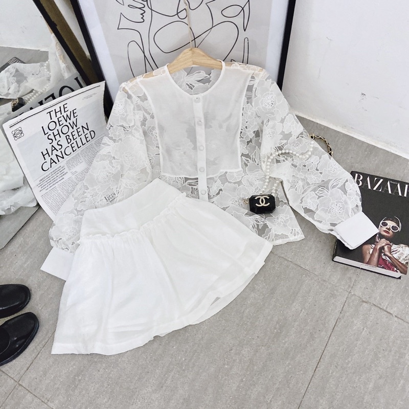 SET ÁO BBD HOA NỔI TAY + CHÂN VÁY VIỀN BÈO