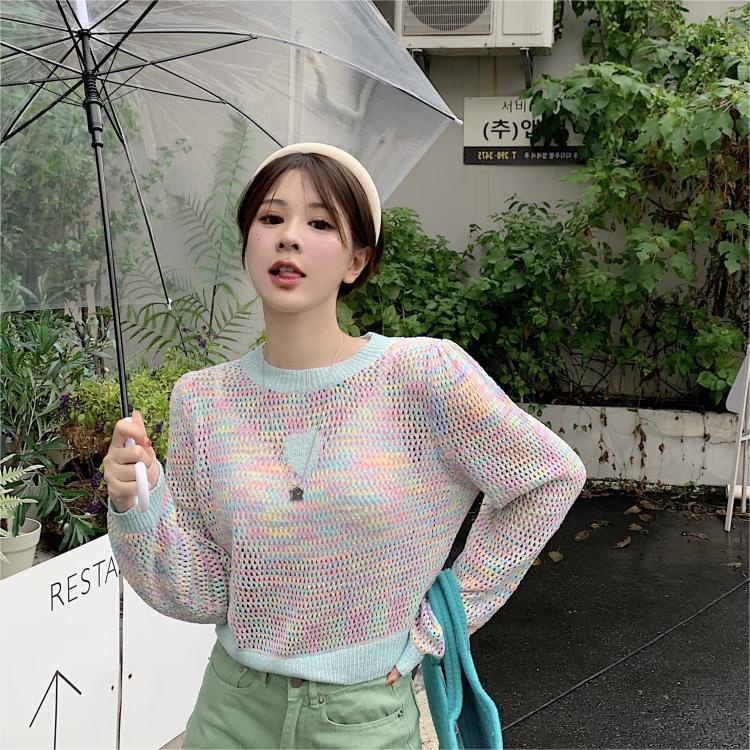 ZHELIHANGFEI Áo Sweater Dệt Kim Tay Dài Lưng Cao Kẻ Sọc Khoét Hình Trái Tim Dễ Thương