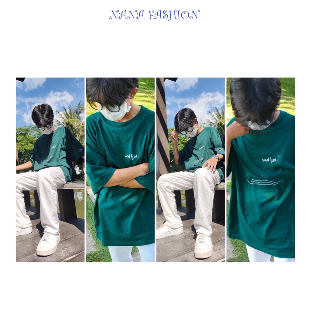 AT086 - Áo thun nữ nam tay ngắn  form rộng unisex Sad Luv Trắng - Xanh phong cách trẻ trung, tươi tắn