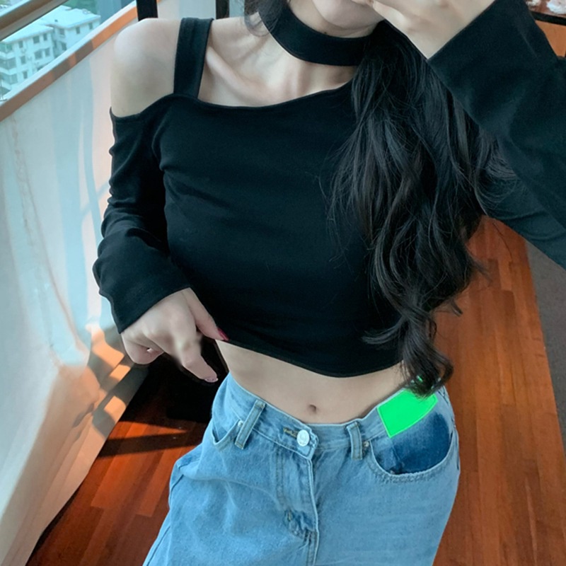 Áo Croptop Tay Dài Thiết Kế Lệch Vai Quyến Rũ Phong Cách Hàn Quốc