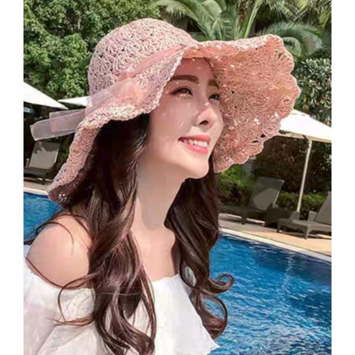 Nón đi biển mũ cói rộng vành nữ Panama gấp gọn thời trang Hàn Quốc