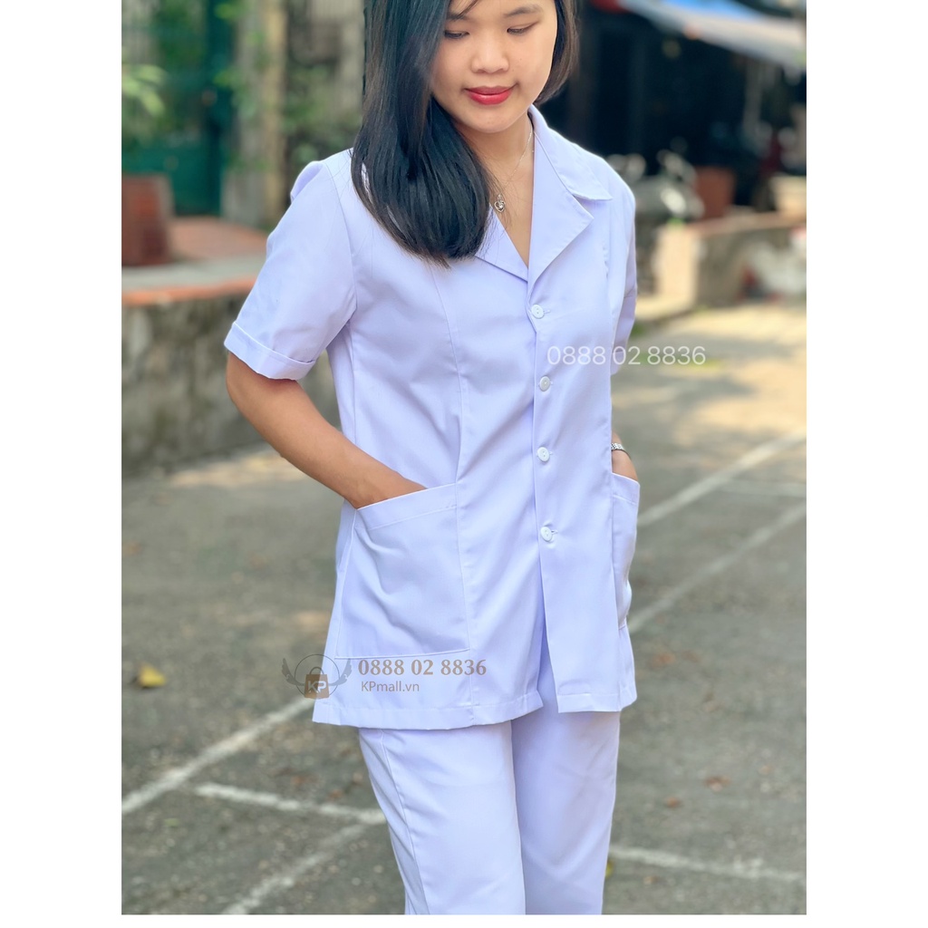 Bộ quần áo blouse trắng cộc tay Nữ - Áo blu trắng trơn xẻ túi chéo dáng ngắn qua hông cho dược sỹ, điều dưỡng, y tá, spa