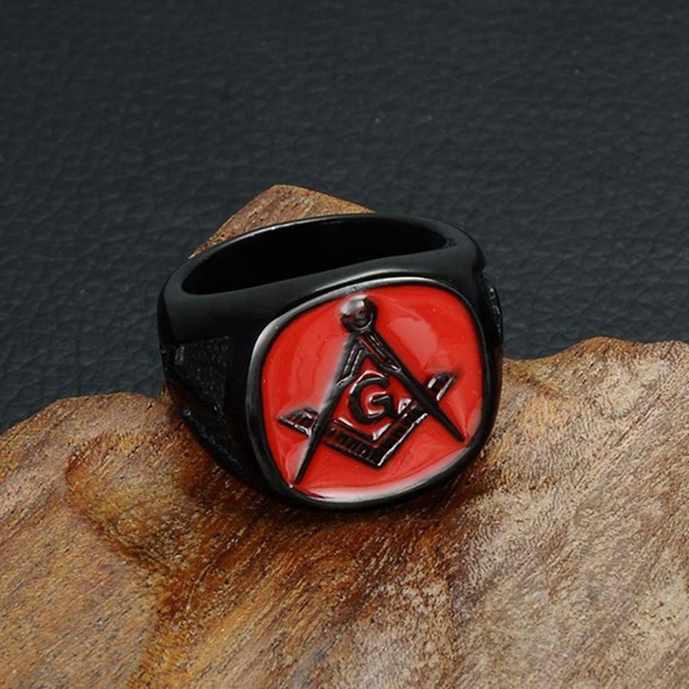 Thời trang Hợp kim Đen Đỏ Tiêu chuẩn Masonic Ring Thời trang nam Trang sức Punk
