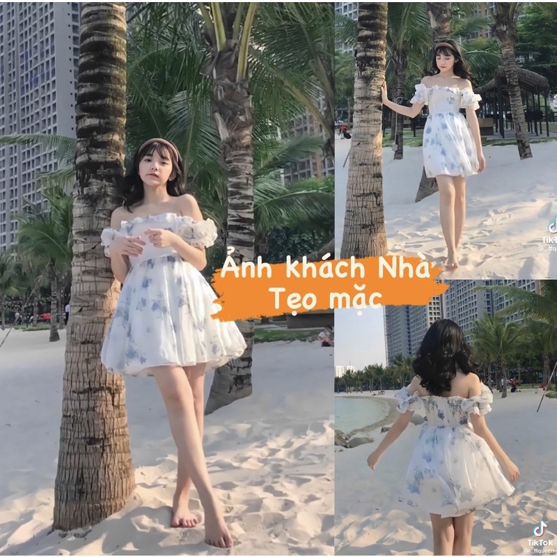[Hàng sẵn] VÁY HOA XANH DƯƠNG TRỄ VAI CÓ CHUN LƯNG