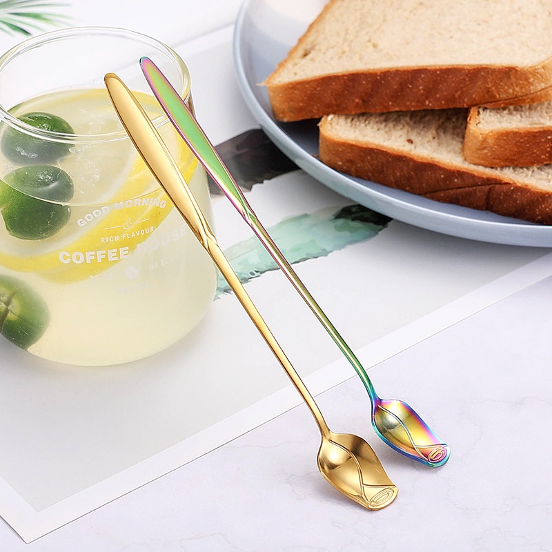 Muỗng Cà Phê Cán Dài Bằng Thép Không Gỉ Thiết Kế Hình Hoa Hồng Độc Đáo