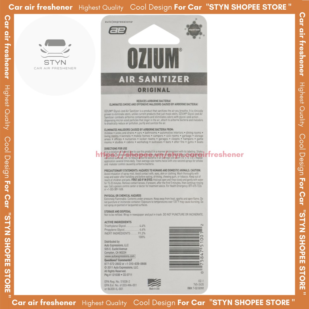 Nước hoa ô tô cao cấp dạng xịt khử mùi thuốc lá kháng khuẩn khử trùng không khí OZIUM USA Mini  - 25ml