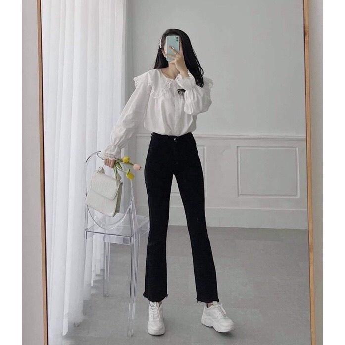 Quần bò jean nữ ống loe đứng cạp cao, quần bò xẻ gấu co dãn hàng cao cấp