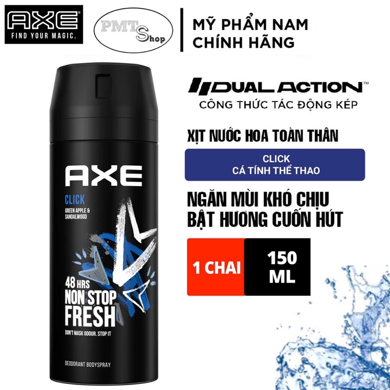 Combo 2 Xịt khử mùi toàn thân nam AXE Click 150ml x 2 chai hương nước hoa