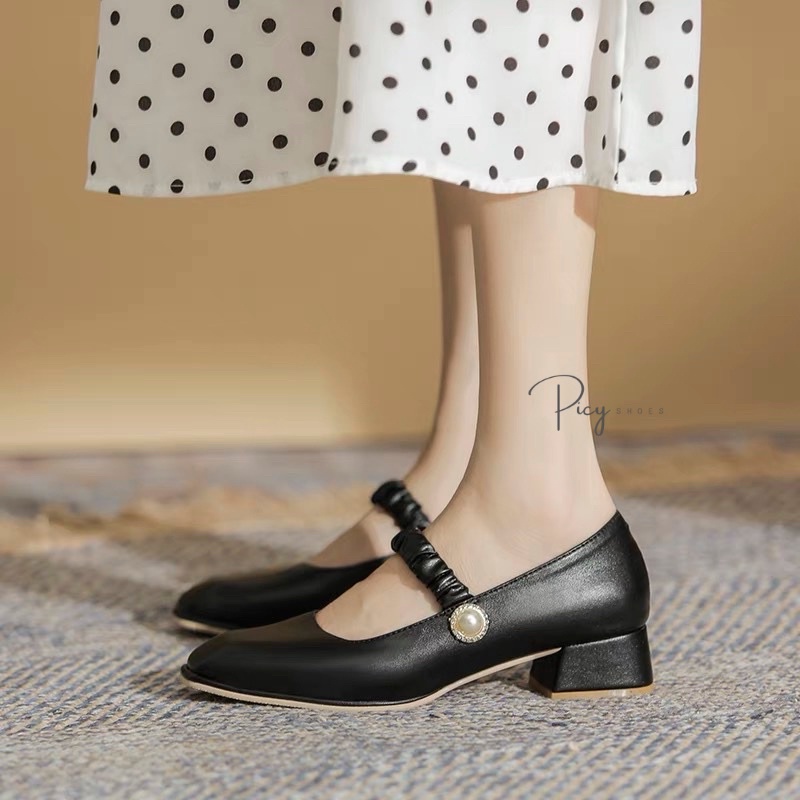 Giày búp bê Mary Jane quai nhún đính ngọc tiểu thư, gót vuông 3 phân da mềm êm chân _GBB01