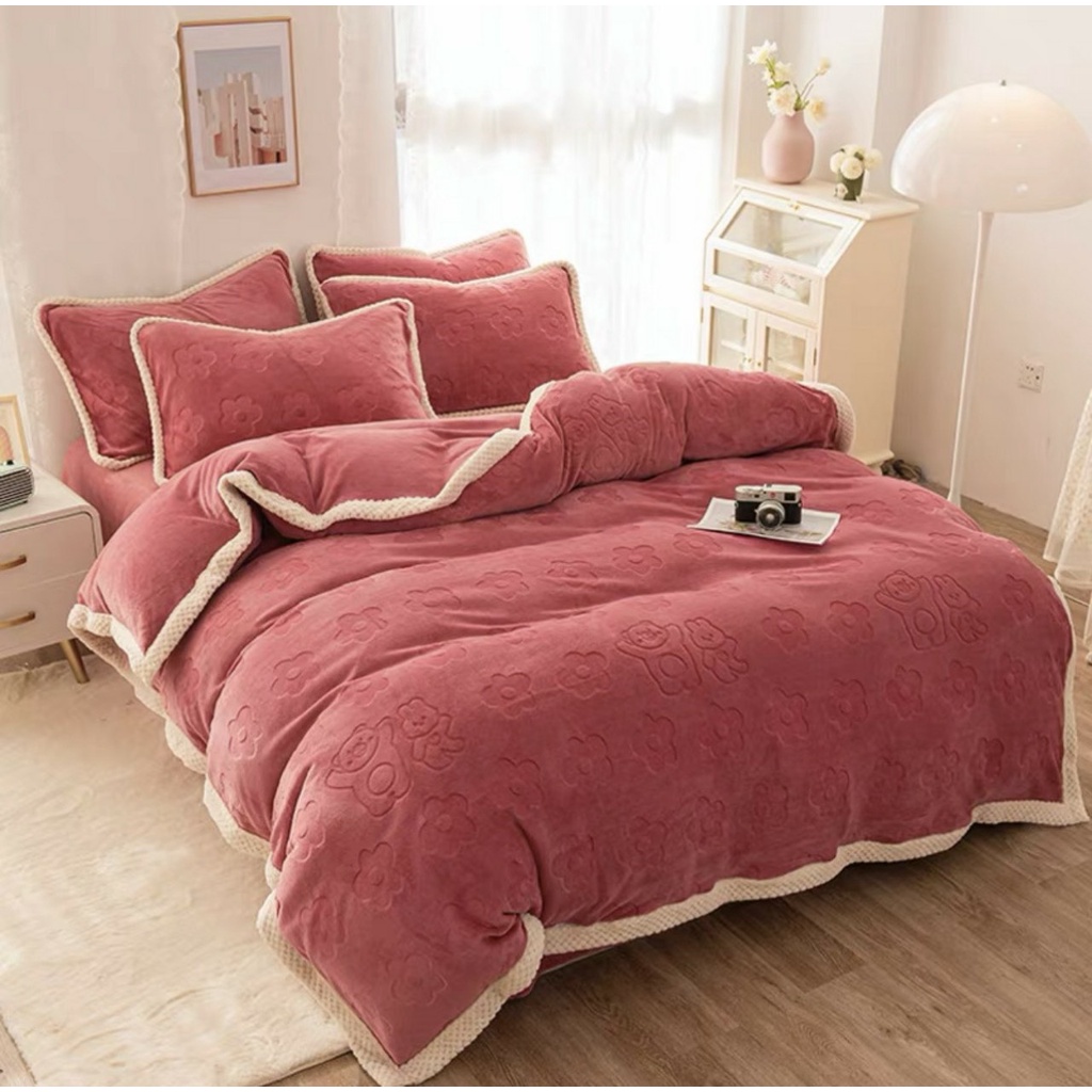 SÉT 4 MÓN CHĂN GA GỐI NỈ GẤU DẬP IN HOA HÀNG NHẬP,DẦY MỊN CHĂN CÓ KHÓA KÉO (KHÔNG KÈM RUỘT) - loại 1