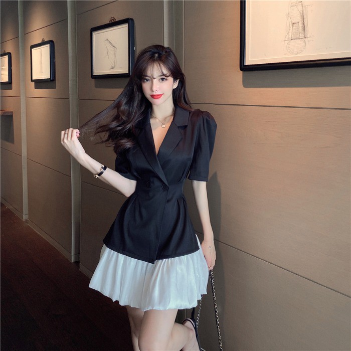 Set Áo Sơ Mi Tay Lỡ Màu Đen + Chân Váy Chữ A Phối Lưới Thời Trang Cho Nữ