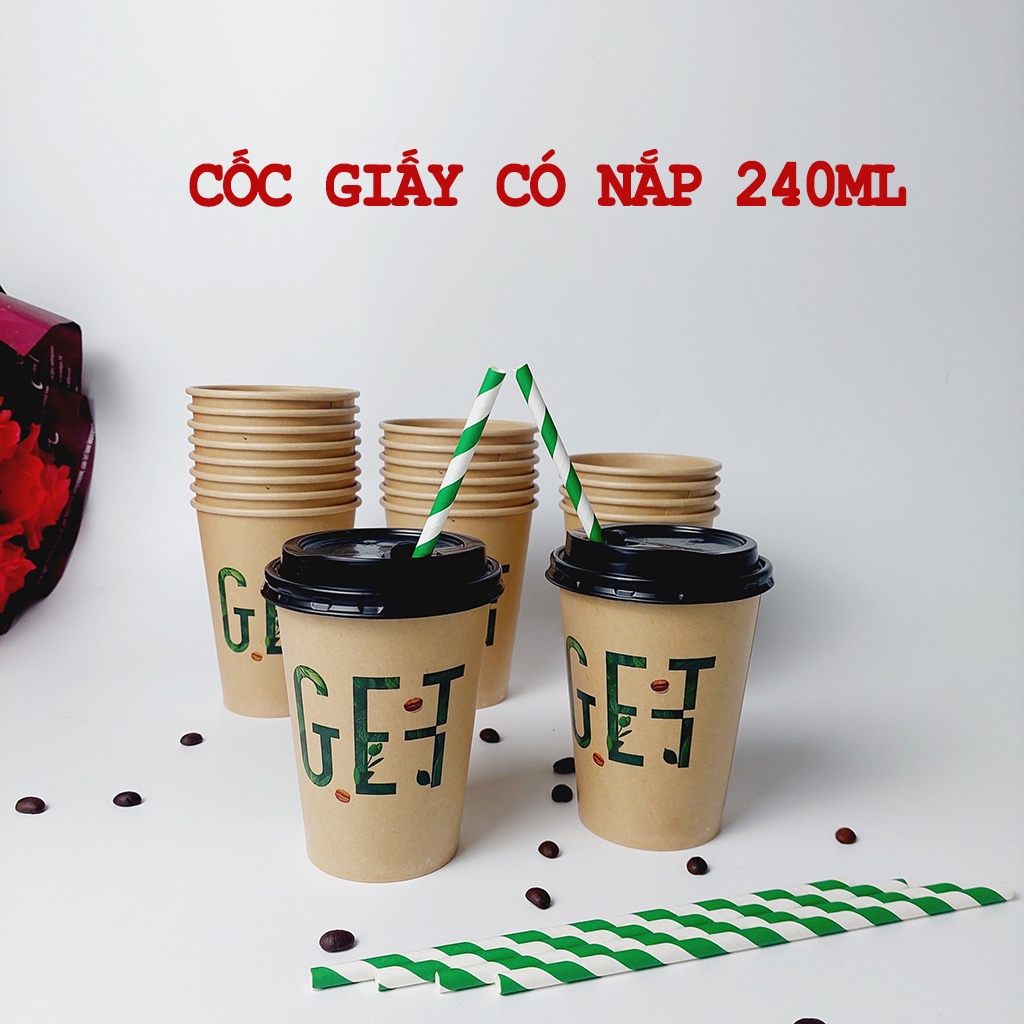 50 chiếc cốc giấy 240ml - 8oz có nắp bật đen GET nâu