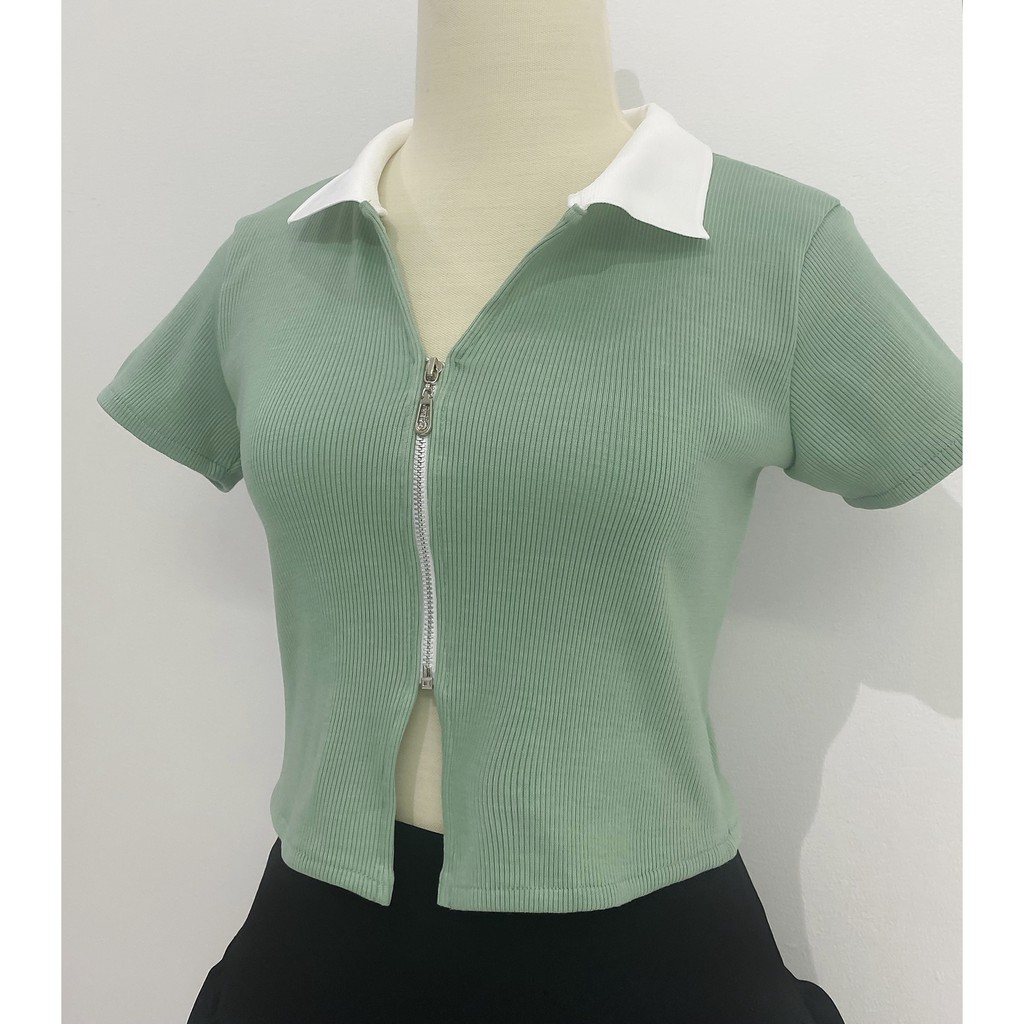Áo thun croptop nữ tay ngắn cổ polo, khoá kéo Dalla saigon