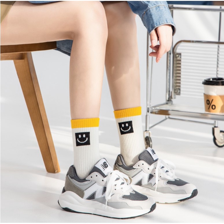 Tất cotton WAFNHA KAFU D377 cổ cao họa tiết hoạt hình mặt cười dễ thương