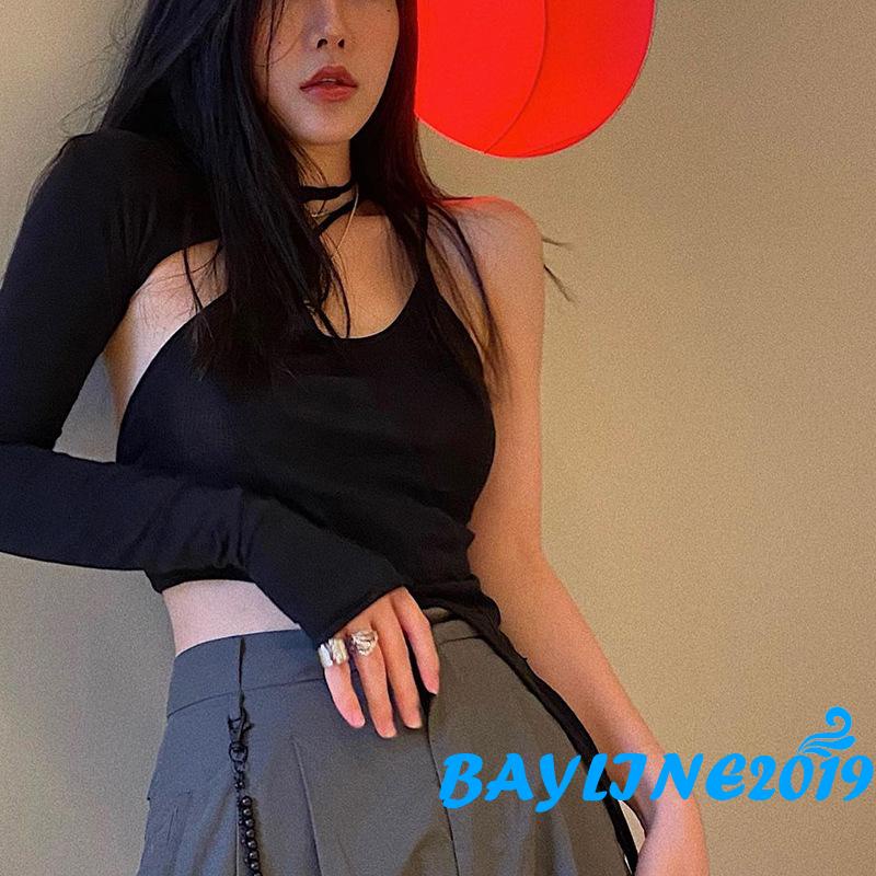 BAY-Áo hai dây ngắn màu trơn tay dài cho bé gái màu đen size S/M/L