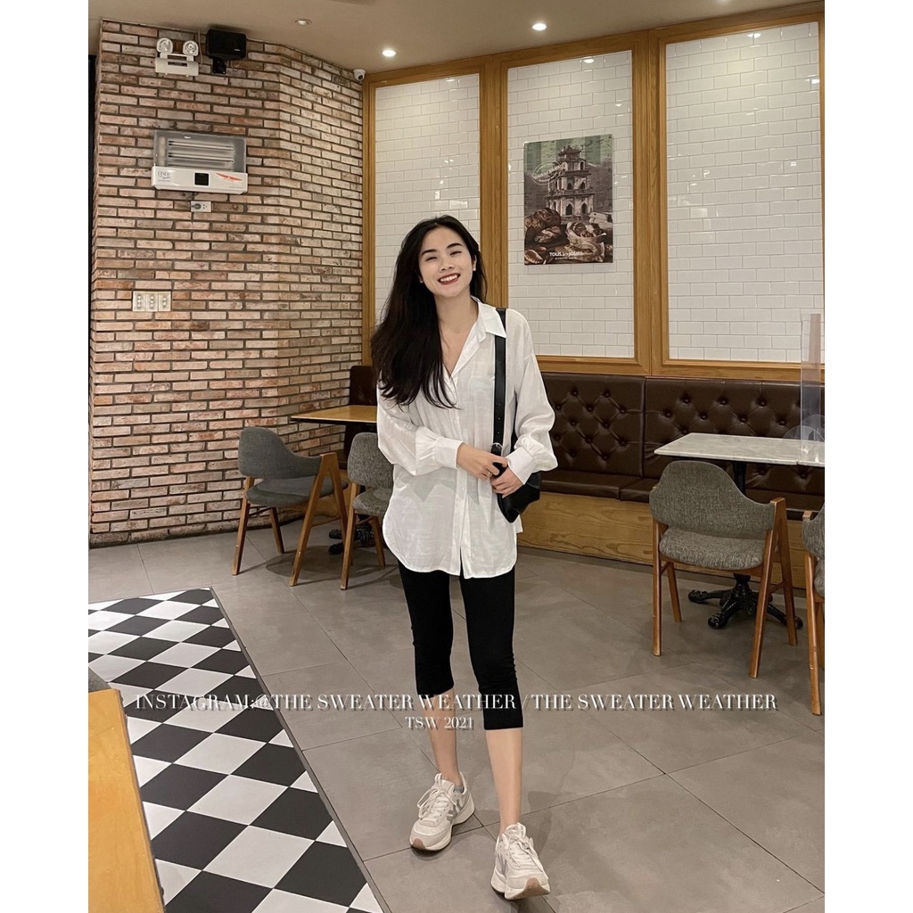 Set áo sơ mi linen trắng oversize kèm quần legging dáng lửng