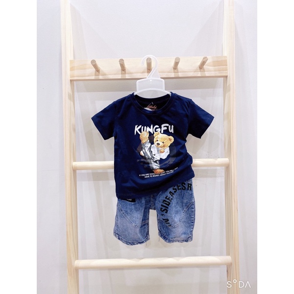 Set quần bò bé trai, set áo phông mix quần bò cho bé trai đi chơi đi học 8-15kg