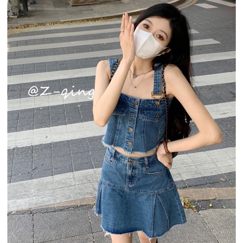 Set Áo Hai Dây Phối Chân váy jean Chữ A Lưng Cao Thời Trang Hàn Quốc Cá Tính Cho Nữ