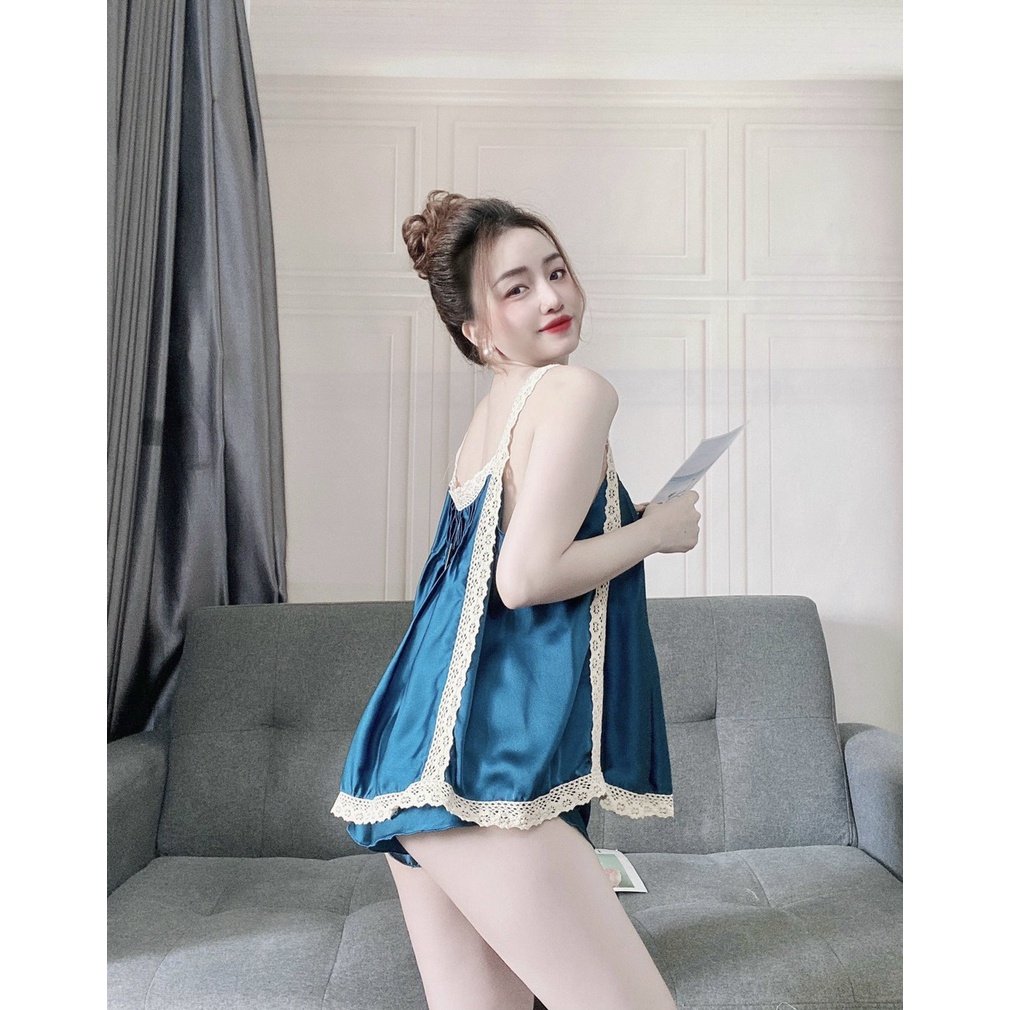 Đồ ngủ sexy Linqu Sleepwerar đồ ngủ 2 dây gợi cảm viền ren chất Satin mềm mịn Freesize 45-58kg