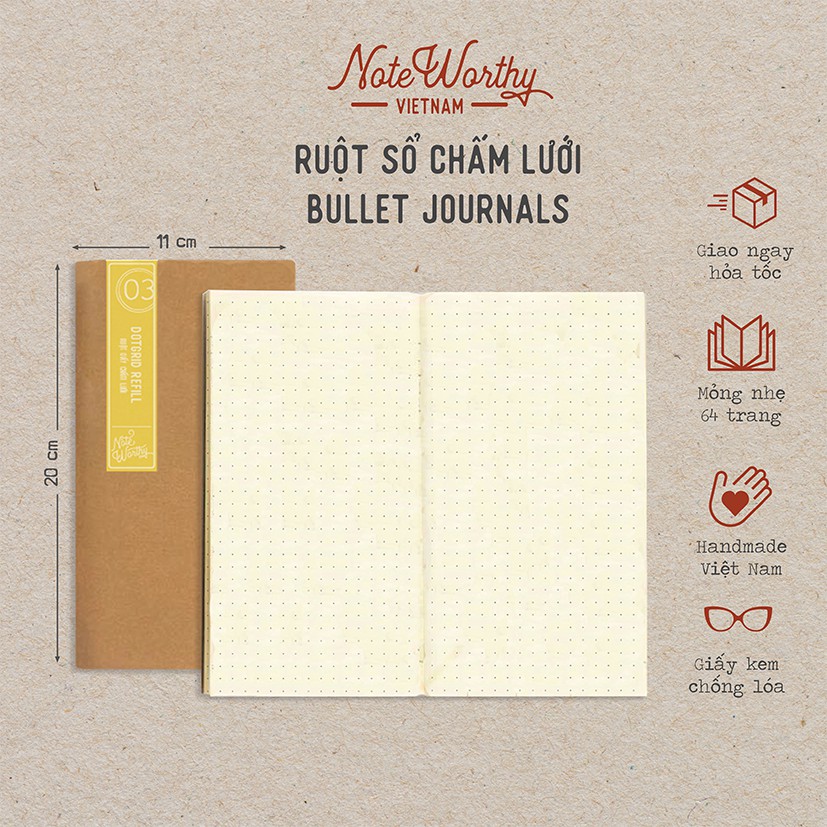 Sổ tay trắng chấm lưới 64 trang 11x20cm bìa mềm mỏng nhẹ bỏ túi bullet journals - Noteworthy dotgrid notebook