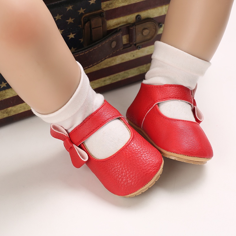 Giày Búp Bê Da PU Đế Cao Su Mềm Chống Trượt Đính Nơ Cho Bé Gái Sơ Sinh