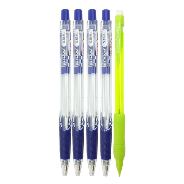 Vỉ 4 Bút Bi Stacom Tia Chớp 0.5mm VBP1055-C - Mực Xanh (Tặng 1 Bút Chì Bấm Hoặc Bút Bi Ngẫu Nhiên)