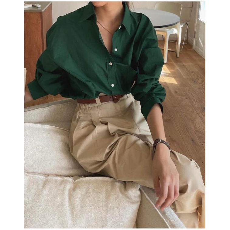 Áo sơ mi xanh lá túi ngực,Aó sơ mi dài tay hàn quốc