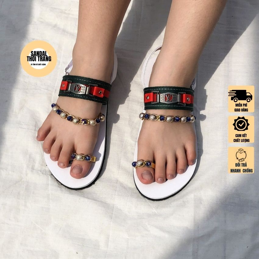 Dép sandal nữ xỏ ngón đính đá 2 màu Trắng/Đen full size 30-44 nam nữ SANDALTHOITRANG