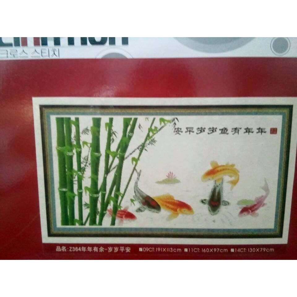 Tranh thêu chữ thập cá chép và trúc kích thước 160x97cm