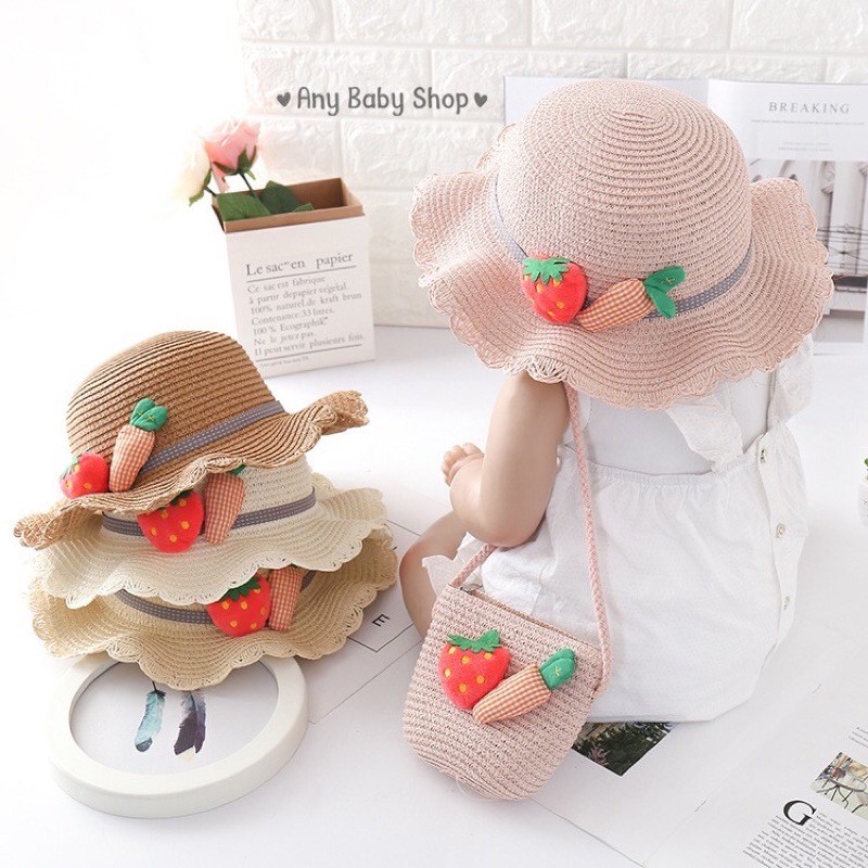 Set mũ cói kèm túi thời trang ca rốt đi chơi đi biển siêu yêu cho bé