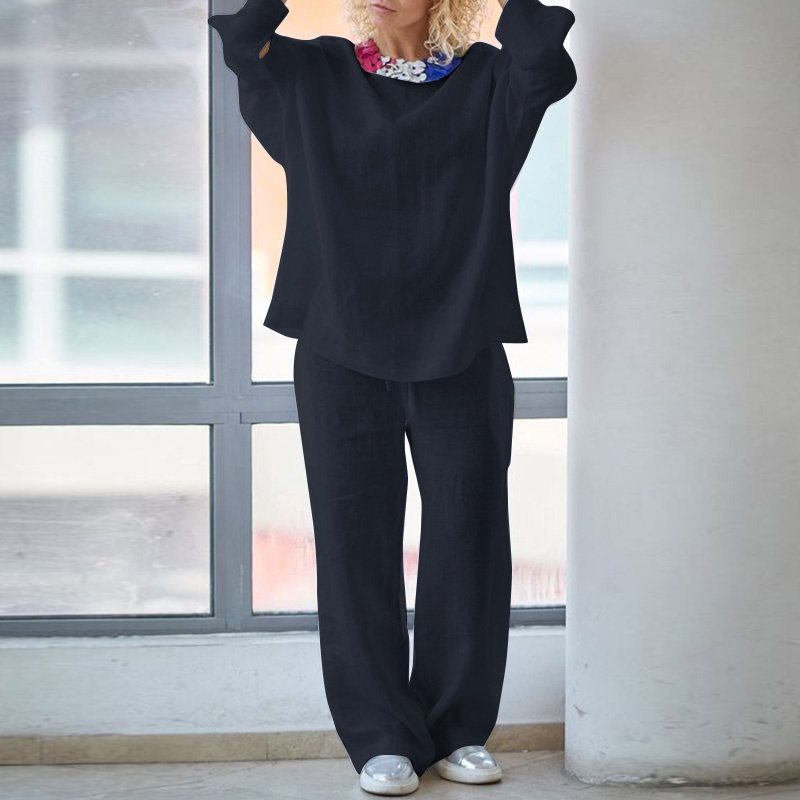 Bộ đồ Zanzea gồm áo dài tay cổ tròn và quần ống rộng thời trang dành cho nữ