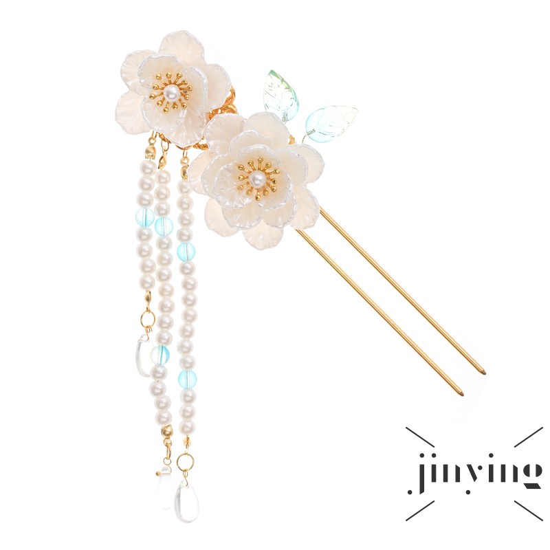 GETNOIVAS Trâm cài tóc trang trí hình hoa trắng bằng ngọc bích giả phối tua rua xâu hạt ngọc trai giả hợp với sườn xám của bạn nữ