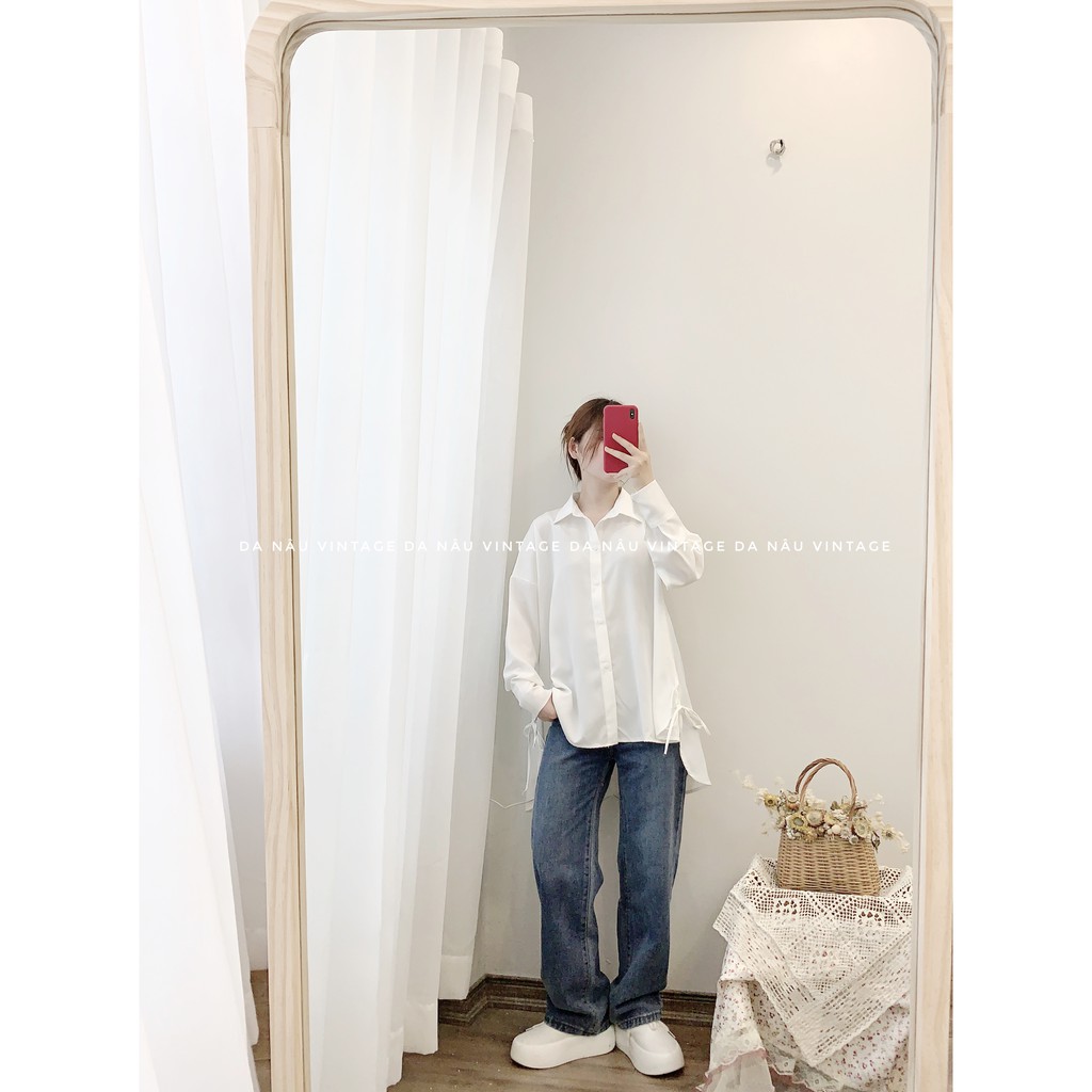 áo sơmi freesize vạt đuôi tôm 2 màu nâu, trắng (ảnh thật/hàng sẵn) | BigBuy360 - bigbuy360.vn