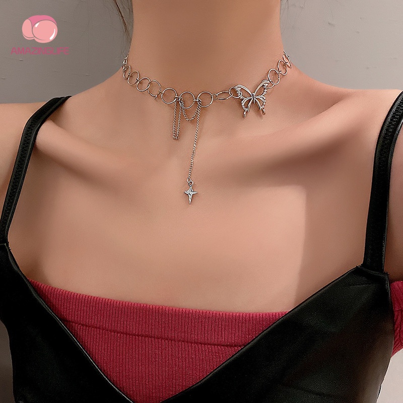Vòng cổ Ngắn / Vòng cổ Tua Rua Hình Bướm Rỗng Màu Bạc Phong Cách Gothic Hàn Quốc Thích Hợp Dự Tiệc