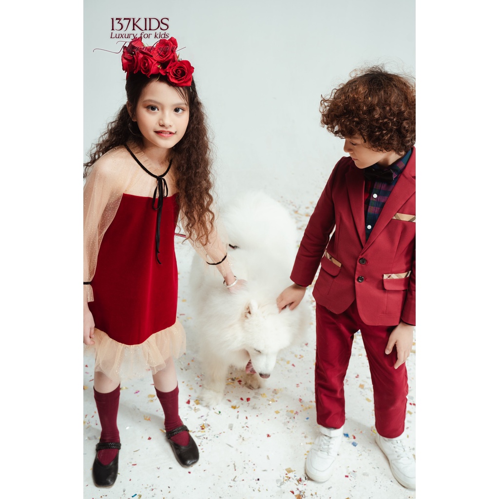 Váy nhung đỏ thiết kế tay voan 137KIDS dáng xòe cho bé gái