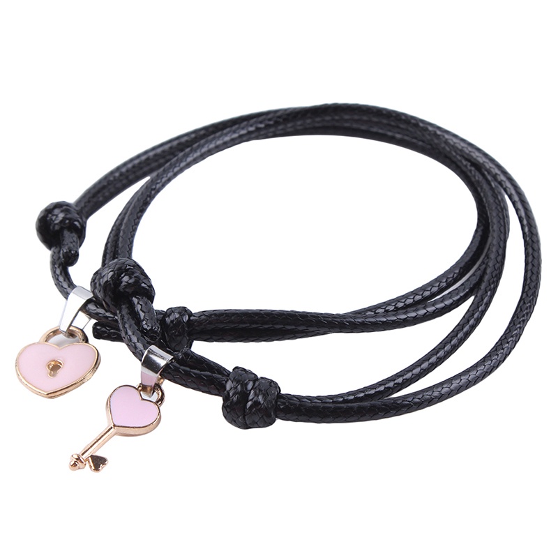 Set 2 vòng tay dây bện mặt hình ổ khóa/trái tim thời trang cho cặp đôi