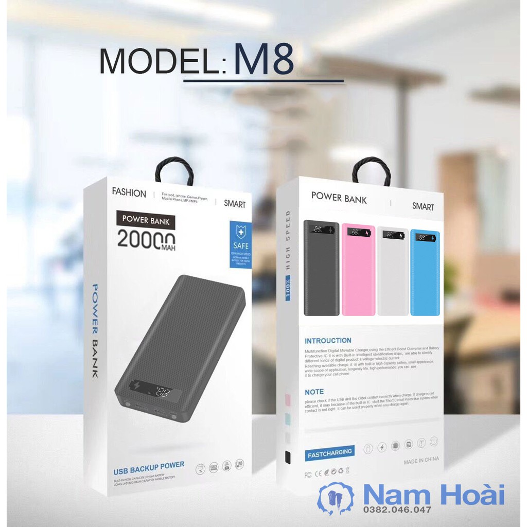 Sạc dự phòng  20000mAh có màn hình LED hiển thị phần trăm, cổng USB 2A (BH 12 tháng) MODEL: M8