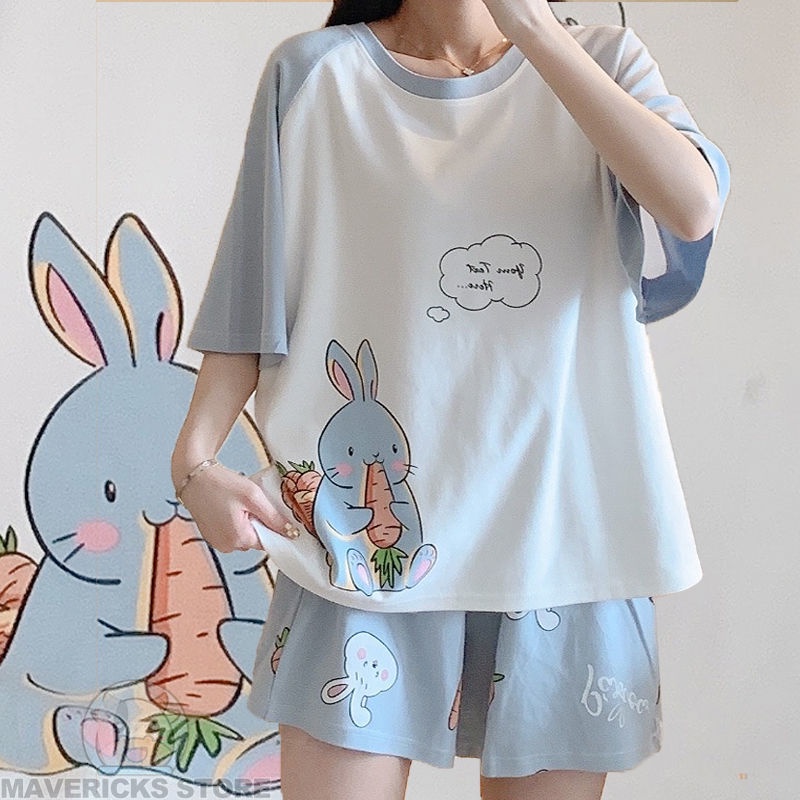 Bộ Đồ Ngủ Tay Ngắn Vải cotton Mỏng In Hoạt Hình Thời Trang Mùa Hè Cho Nữ