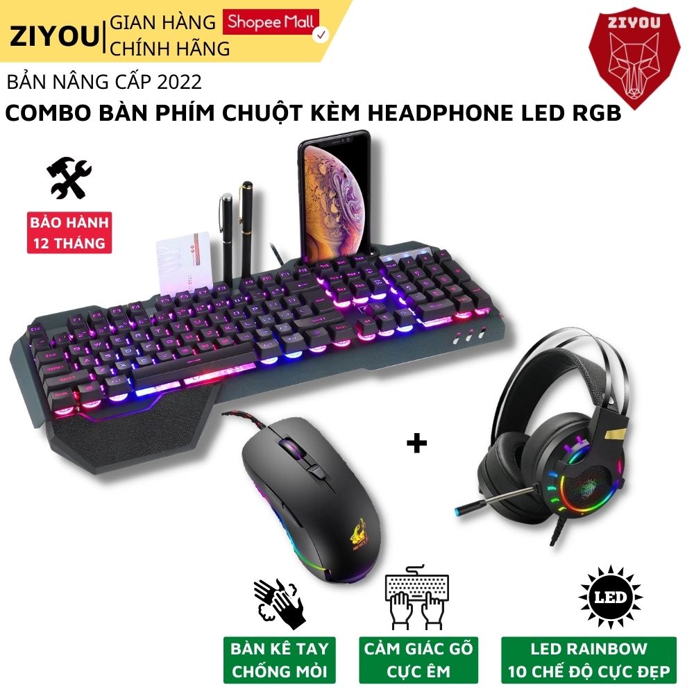 Combo Bàn phím Chuột Gaming Máy Tính ZIYOU Kèm Tai Nghe Cao Cấp Chuyên Game, Full Size LED 10 Chế Độ Nháy K618+V6+K3