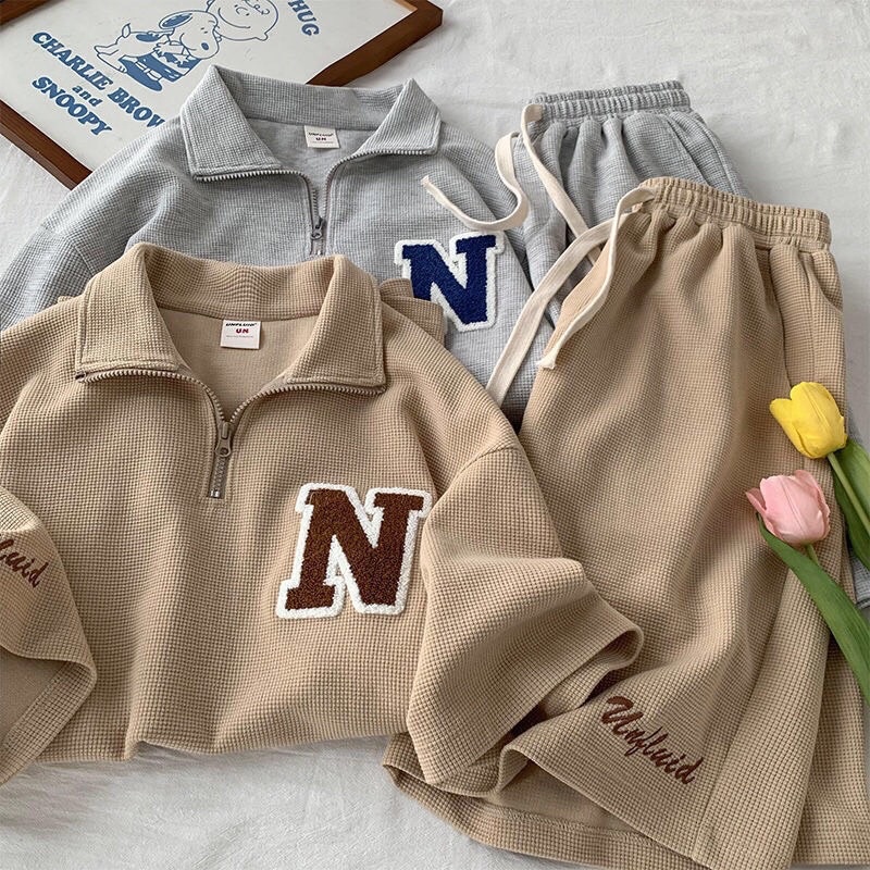 Set Đồ Nam Nữ Thêu Chữ N Áo Polo  Kéo Khoá Kèm Quần Short  Form Rộng Unisex Chất Thun Bo Dày Dặn Kèm Ảnh Thật