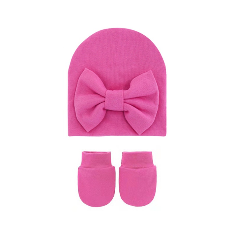 Bộ 2 Găng Tay + Mũ + Găng Tay Cotton Mềm Mại Chống Xước Đính Nơ Xinh Xắn Cho Bé 0-3 Tháng Tuổi