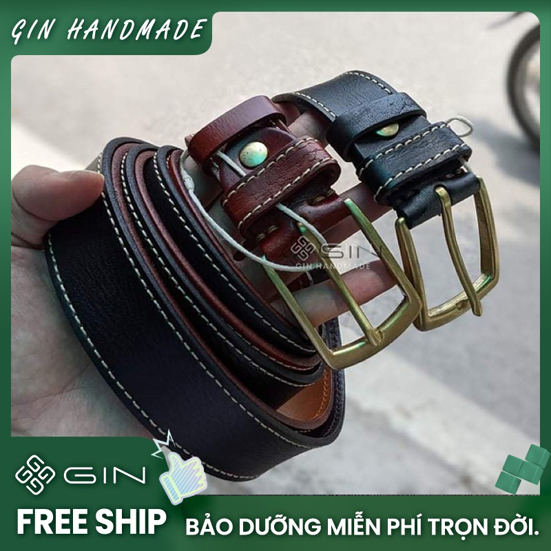 Dây lưng nam/ Thắt lưng nam da bò. Mặt đồng đúc cực sang. Đen, Nâu đỏ - DA THẬT 100% & BẢO HÀNH 2 NĂM - Gin Handmade