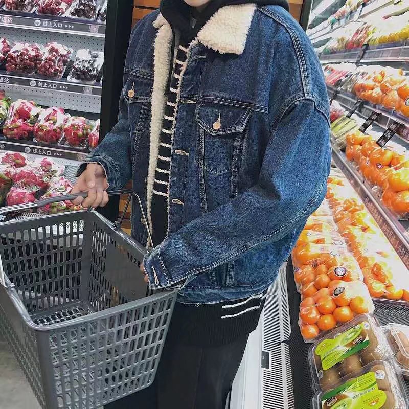 Áo Khoác Denim Lót Lông Cừu Dày Dặn Phong Cách Hàn Quốc Thời Trang Mùa Đông Kiểu Mới 3 Màu Tùy Chọn Cho Nam M-4XL