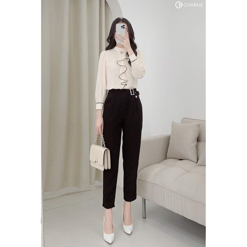 Áo sơ mi nữ thiết kế Charme tay dài phối vạt ngực cách điệu 2215