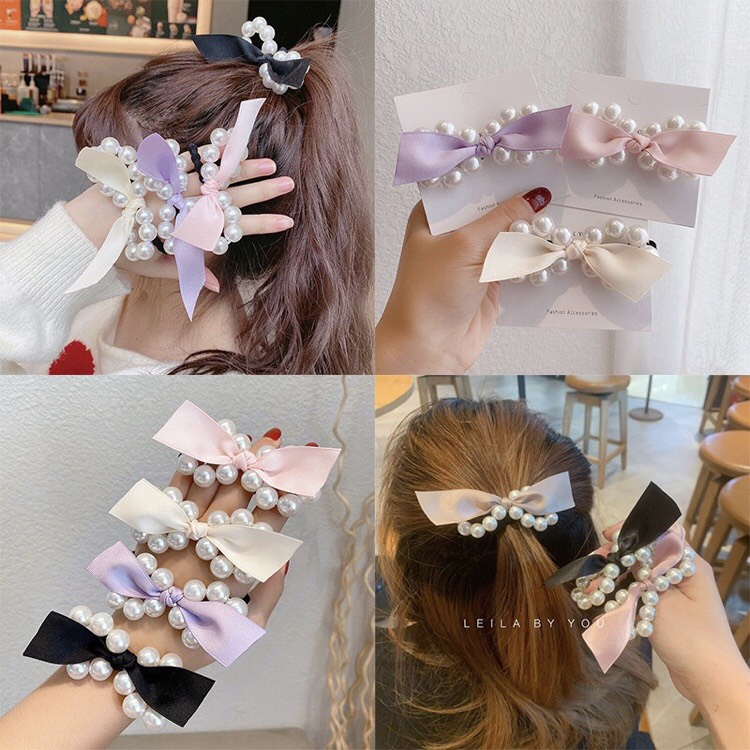Dây Cột Tóc Hình Nơ Đính Ngọc Trai giả Phong Cách Hàn Quốc Ngọt Ngào Cho Nữ