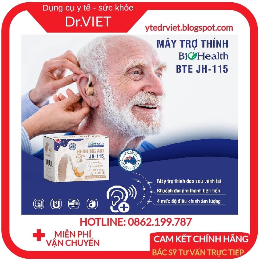 Máy trợ thính không dây Biohealth JH-115 - Máy điếc, tai nghe trợ thính cho người già nghe kém
