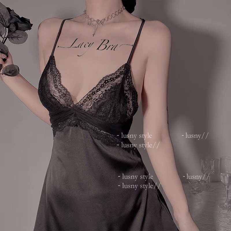 Váy Ngủ Lụa Phối Ren Mỏng Thiết Kế Dây Lưng Sexy Lacy Bra - V17